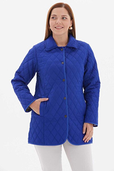 Selen Büyük Beden Klasik İçi Ekose Kapitone Uzun Mont / SAKS