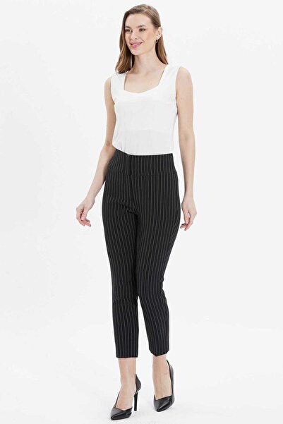 Selen Geniş Korsajlı Dar Paça Çizgili Pantolon / SİYAH