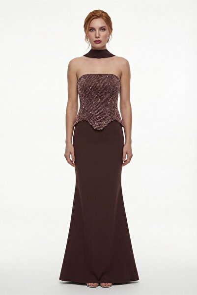 Lafaba Women's Brown Slim Fit Strapless Stoned Long Mermaid Evening Dress