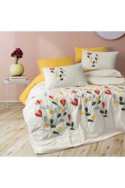 Cotton Box Lenjerie de pat dublu cu broderie florala, Cotton Box, Nella Mustar