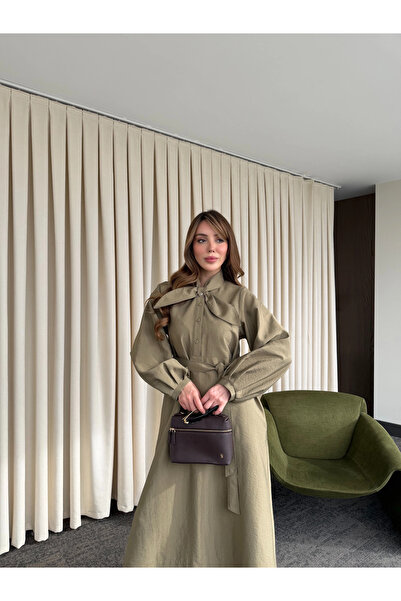 Laluvia Φόρεμα με Χακί Γιακά και Λεπτομέρεια Φιόγκου - 2001