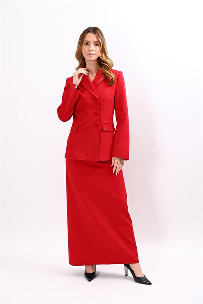 ÖNDER ÖZSOY Buttoned Classic Blazer Jacket & Long Bell Bottom Skirt with Squa...