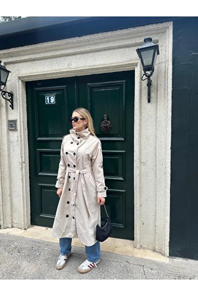 solena sln Trenci de damă crem, cu nasturi, cu guler înalt