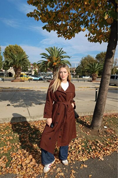 solena sln Trench coat maro pentru femei, cu nasturi, cu guler înalt