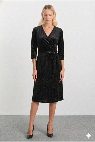 Selen Kruvaze Simli Truvakar Kol Elbise / SİYAH