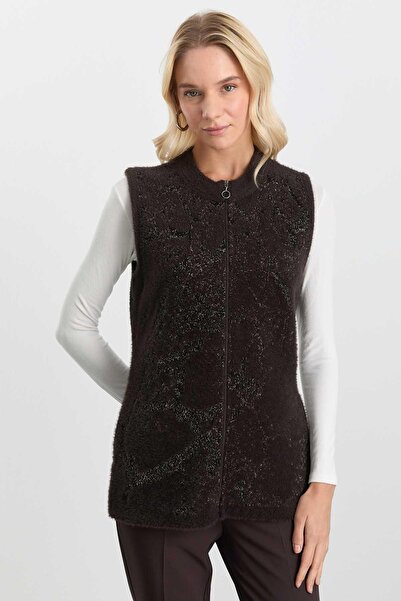 Selen Sıfır Yaka Önü Simli Fermuarlı Yelek / KAHVE