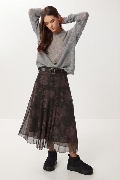 Lovelyİstanbul Kemerli Desenli Asimetrik Tül Etek LMC0091 KAHVERENGİ