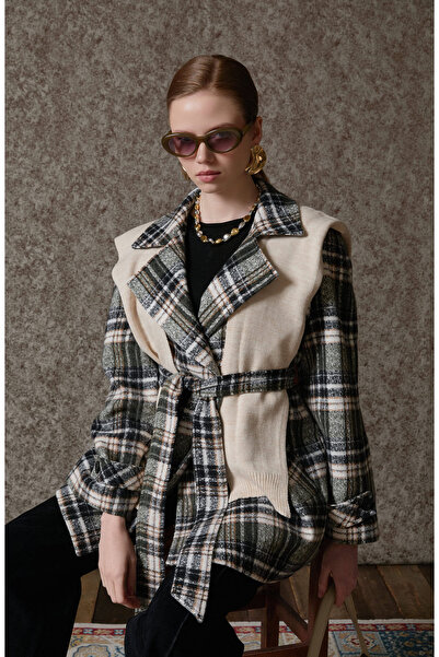 Fatma Atasoy Ekose Kaşe Bağlamalı Haki Midi Ceket Kaban