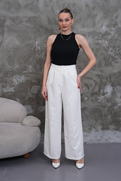 THE WOOW Women's High Waist Fabric Buttoned Pleated Palazzo White Trousers