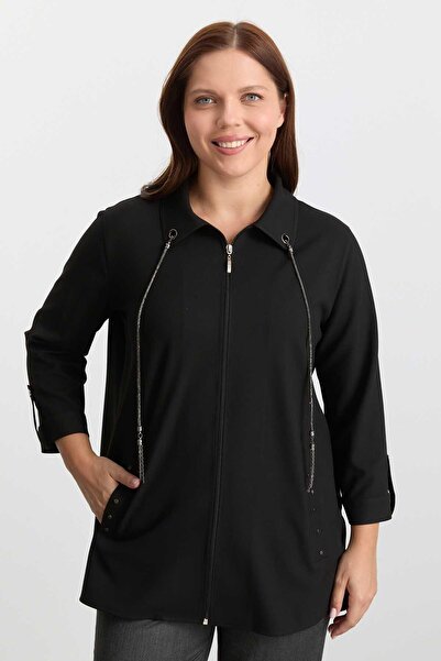 Selen Büyük Beden Önü Kuş Gözü Aksesuarlı Bluz / SİYAH