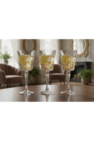 İpek Porselen 6 Kişilik Şık Tasarım Kristalize Desen Ayaklı Bardak(Kadeh) Tak...