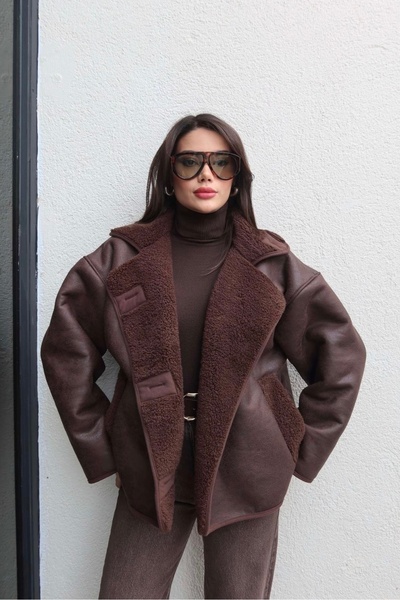 gm giyimarket Women's Suede Leather Plush Lined Oversized Model Coat Jacket