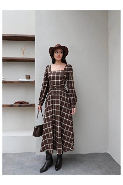 ESRAHELVACI Square Neck Belted Plaid Dress