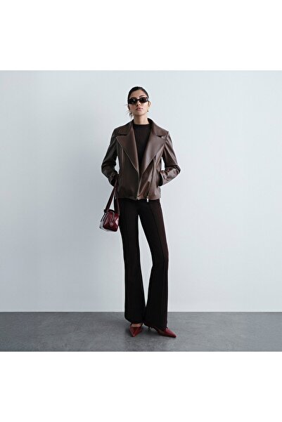 Desa Kadın Kahve Yakalı Biker Deri Ceket