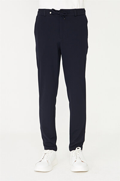 White Stone Navy Blue Lace-Up Micro Textured Jogger Pants