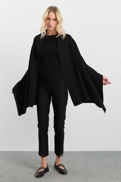 Selen Önü Taşlı Triko Panço / SİYAH