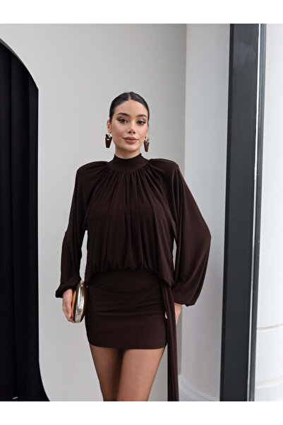 ESRAHELVACI High Collar Padded Blouse Skirt Set