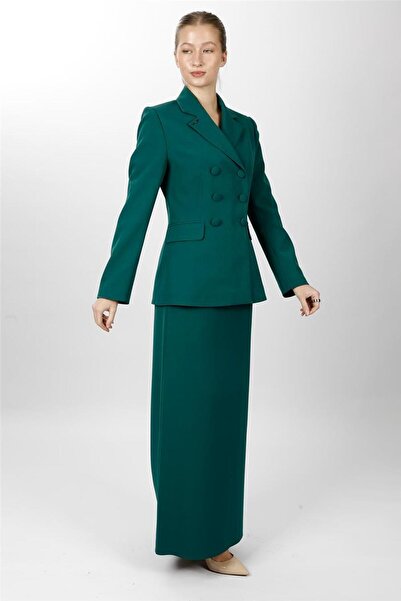 ÖNDER ÖZSOY Buttoned Classic Blazer Jacket & Long Bell Bottom Skirt with Squa...