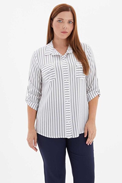 Selen Büyük Beden Çizgili Kapak Cep Gömlek / LACİVERT