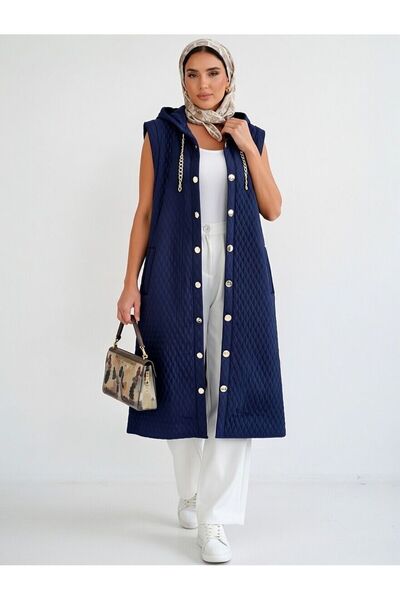 MODA FACE Kadın Kapşonlu Lacivert Kapitone Yelek&Hırka