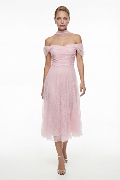 Lafaba Women's Powder Color Slim Fit Boat Neck Lace Midi Promise Engagement W...