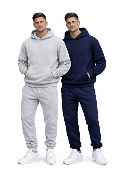 NAKRUF Men's Gray-Navy Blue 2-Piece Hooded Tracksuit Set Winter Kangaroo Pock...