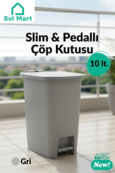 SVL MART 10 Litre Slim & Pedallı Plastik Çöp Kovası Çöp Kutusu İç Kovasız Sistem