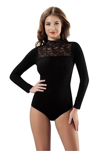 OBJE Kadın Siyah Yakası Dantel Detay Uzun Kol Çıtçıtlı Body