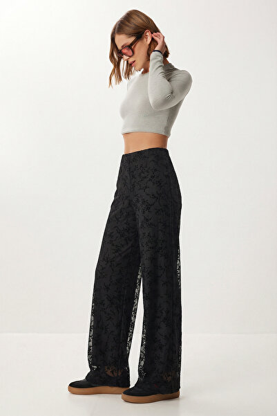 Lovelyİstanbul Floral Patterned Textured Trousers Lcr0107 Black