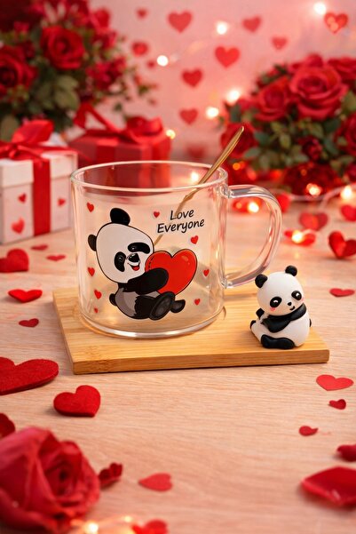 Two Two Premium Panda Design Glass Mug – 220ml with Spoon – Cute Coffee/Tea C...
