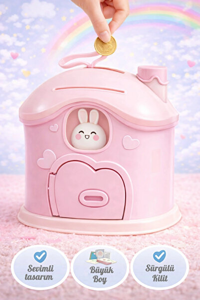 Tilbe Home Büyük Boy Kawai Ev Tasarımlı Kilitli Çocuk Kumbarası Sevimli Bacal...