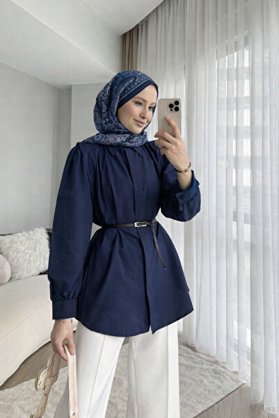 RFK Butik Women's Flounced Shoulder Hidden Button Waist Belted Shirt - Navy Blue