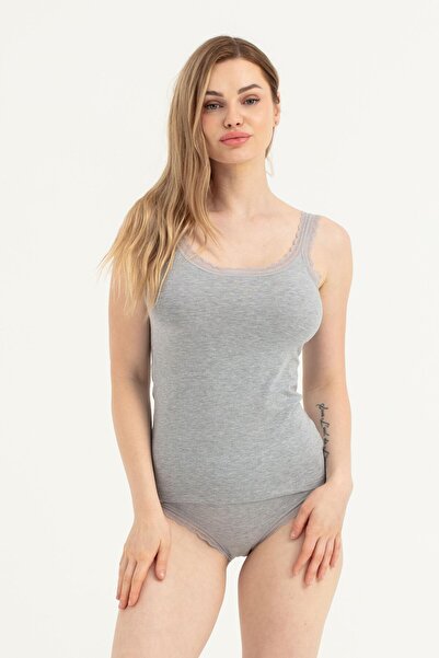 OBJE Kadın Gri Dantelli Kalı Askı Atlet