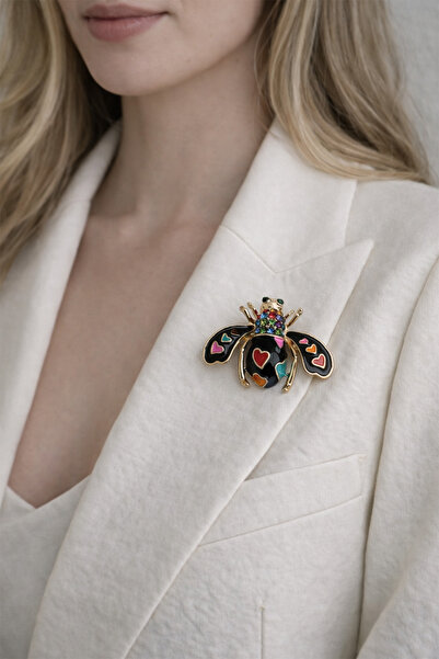 Modex Kalp Detay Renkli Taşlı Sevimli Arı Broş (2*4cm)