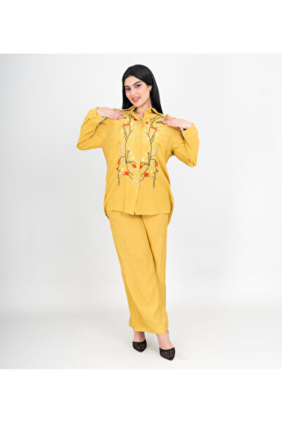 IKKXA Modern Two-Piece Outfit Soild Shirt and Pants Colorful Embroidery Leave...