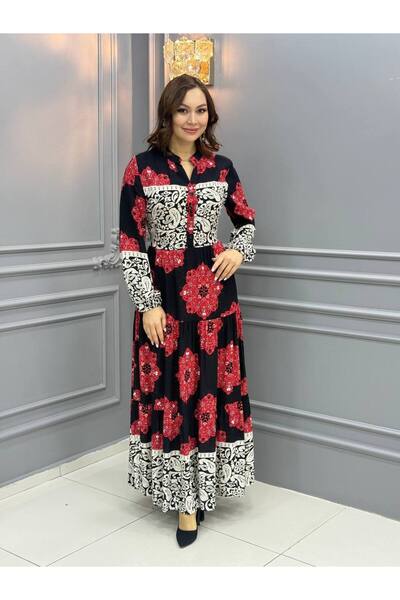 Cannes Oli Şal Desenli Rahat Kesim Bohem Siyah Elbise
