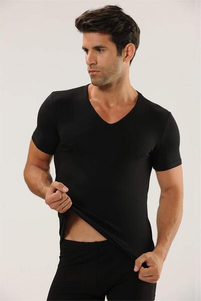OBJE Men's Black Combed Cotton V-Neck Ribbed Undershirt