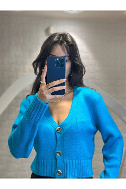 orjinal blue b Button-Detail Women's Knitwear Cardigan