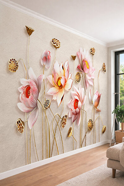 dreamwall 3D Lotus Çiçekleri ve Tohumlar - Modern Sanat Temalı Tek Parça Teks...