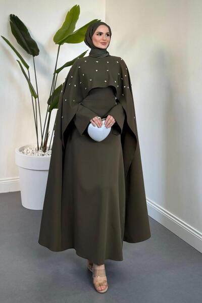 MERVEN AKYÜZ Serenya Pelerini Taşlı Abiye Haki