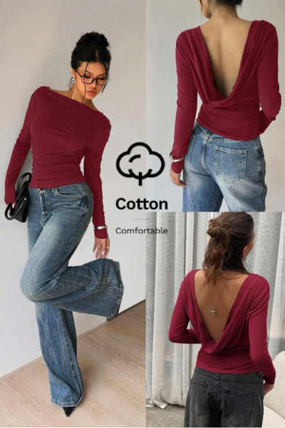 COOL TARZ بلوزة نسائية من القطن المرن باللون العنابي ذات أكمام طويلة وظهر مكشوف