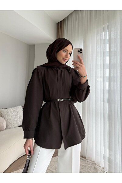 RFK Butik Women's Flounced Shoulder Hidden Button Shirt with Waist Belt - Brown