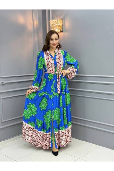 Cannes Gali Ethnic Motif High Collar Comfortable Cut Blue Dress