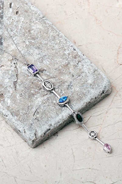 Sümer Telkari Geometrik Renkli Taşlı 925 Ayar Gümüş Kolye 8103