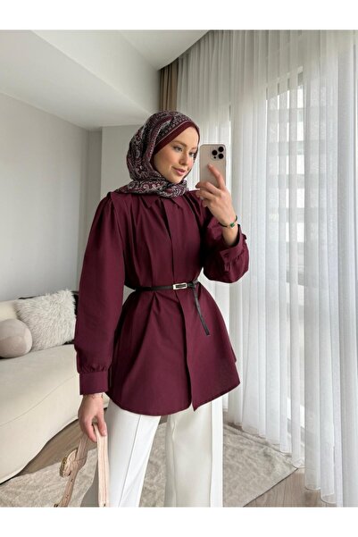 RFK Butik Women's Flounced Shoulder Hidden Button Waist Belted Shirt - Burgundy