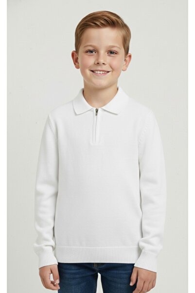 ADA YILDIZ KİDS سترة تريكو للأولاد بسحاب نصف كلي لون أبيض 6/14 سنة