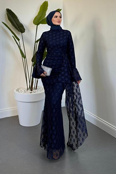 MERVEN AKYÜZ Cavina İspanyol Kol Dantel Elbise Lacivert