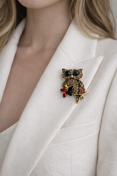 Modex Taşlı Çiçek Detay Sevimli Baykuş Broş (4cm)