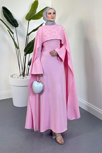 MERVEN AKYÜZ Serenya Pelerini Taşlı Abiye Şeker Pembesi