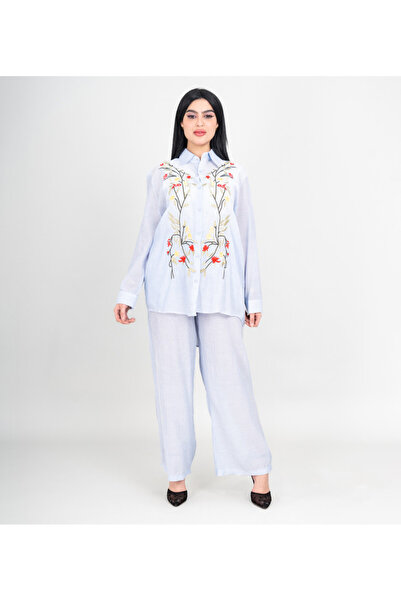 IKKXA Modern Two-Piece Outfit Soild Shirt and Pants Colorful Embroidery Leave...